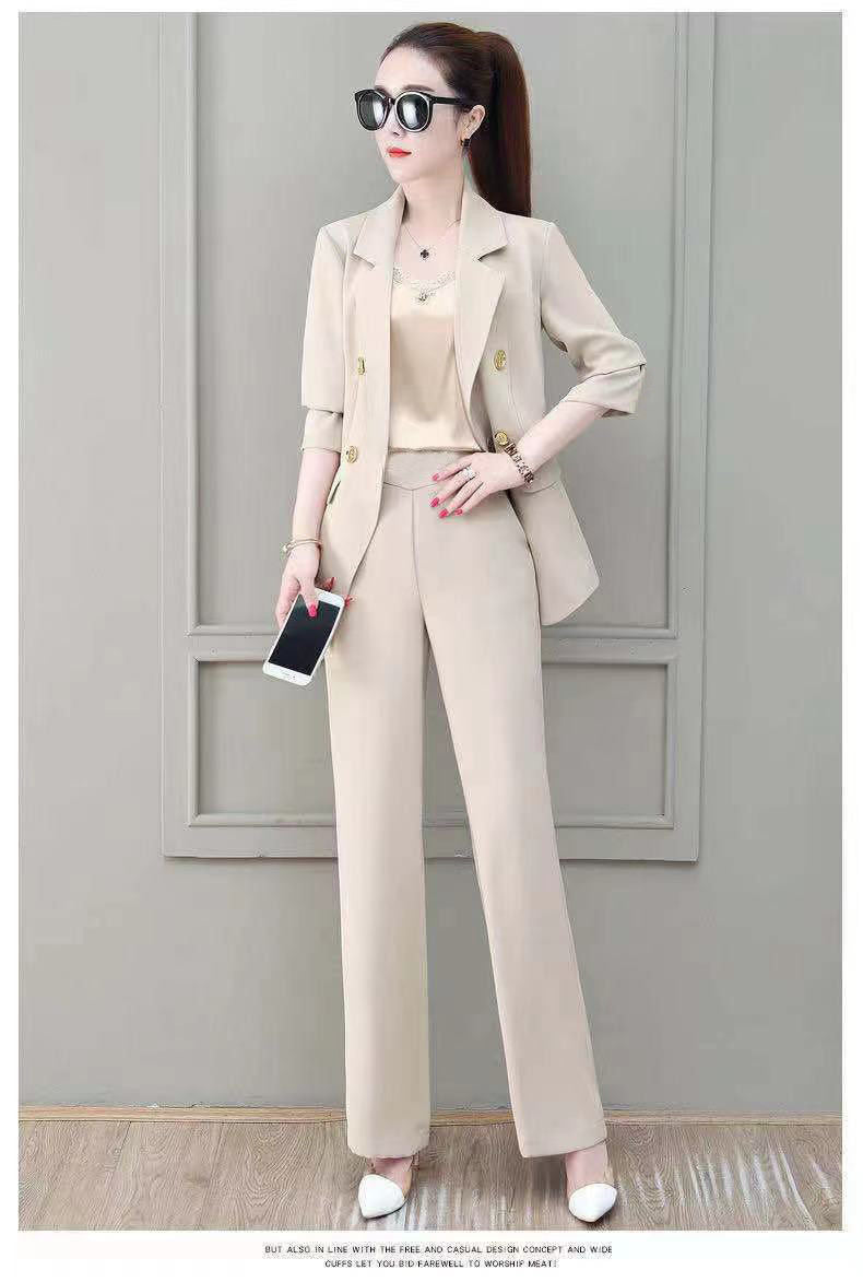 jinran Summer Korean Style Elegant Women's Pants Suit Fashion Slim Jacket Trousers Two-piece Set Office Blazer Temperament Tracksuit