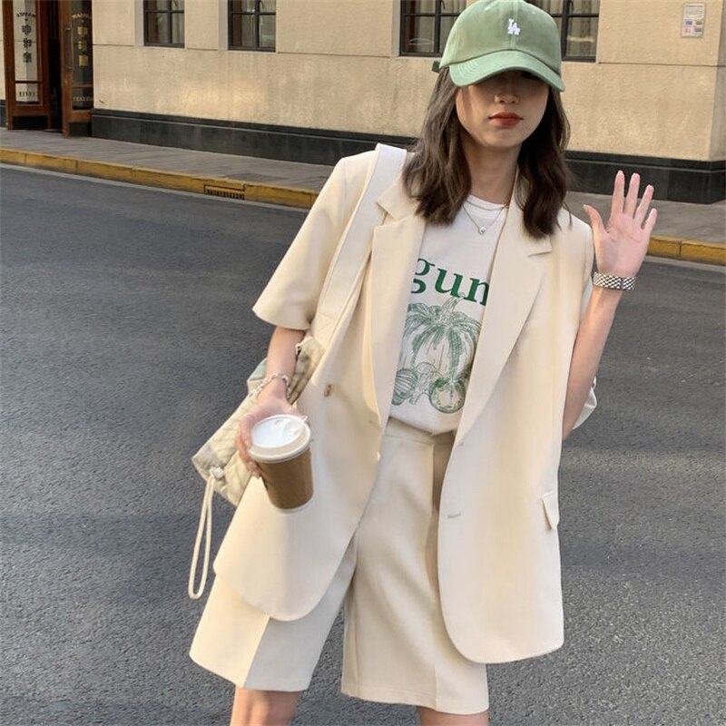 jinran Summer 2022 Thin Casual Loose Short Sleeve Jacket and Shorts Two-piece Elegant Women's Pants Suit Female Office Tracksuit Blazer