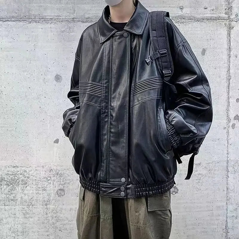 Oversized VIntage Men's Leather Jackets PU Biker Coat Autumn Faux Leather Bomber Jacket 90s Big Pockets Windbreaker Overcoat