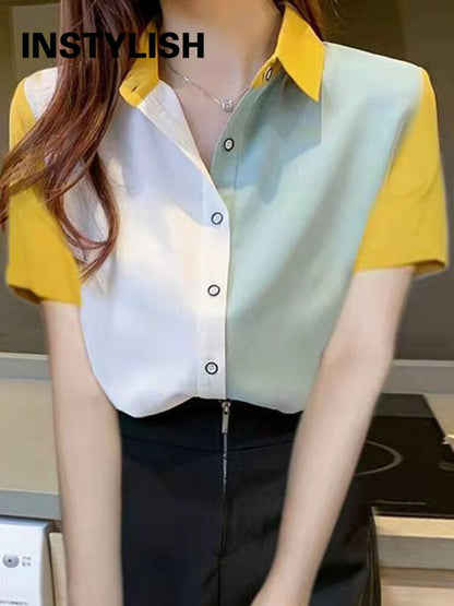 jinran Korean Fashion Hit Color Patchwork Loose Blouse Elegant Chiffon Tops Office Lady Spring Summer Chic Button Up Shirts Tunics