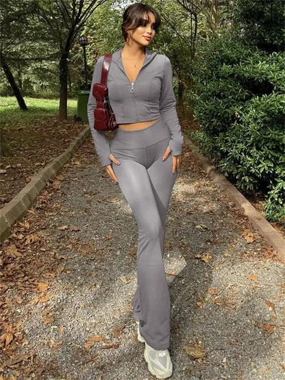 nvxiot  -  Winter Casual 2 Piece-Set Straight Legg Female Zipper Cardigan And High Waist Skinny Tracksuit Women's Pants Outfits 2024