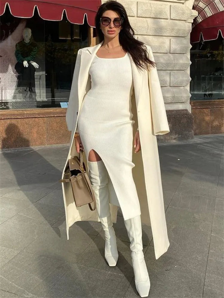 jinran White Scoop Neck Knit Dress Female Basic High Split Autumn Solid Elegant Ribbed Party Dress Patchwork Long Sleeve Dress