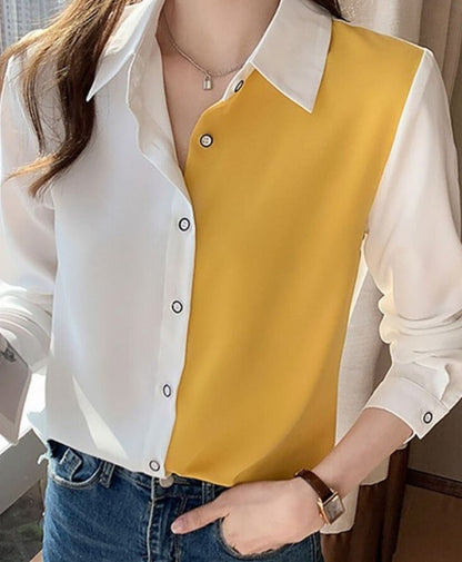 jinran Korean Fashion Hit Color Patchwork Loose Blouse Elegant Chiffon Tops Office Lady Spring Summer Chic Button Up Shirts Tunics