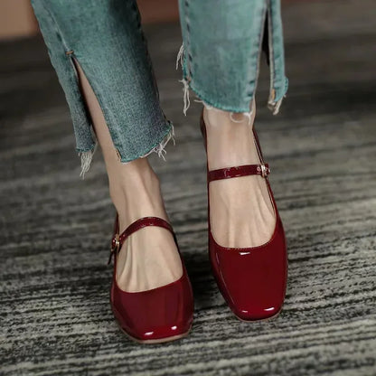 jinran Women Chunky Heel Shoes 2023 Spring Pu Leather Buckle Strap Mid Heels Women Mary Jane Shoes Dress Office Shallow Ladies Shoes