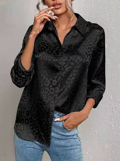 jinran Elegant Office Lady Leopard Print Lapel Blouse Casual Long Sleeve Jacquard Spring Summer Luxury Shirt Vintage Oversize Top Tunic