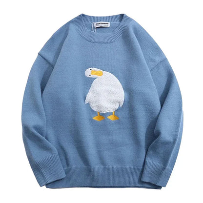 Harajuku Oversized Knitwear Sweater Men Cartoon Duck Goose Embroidery Jumpers Japanese Fashion O-Neck Streetwear Couple Unisex