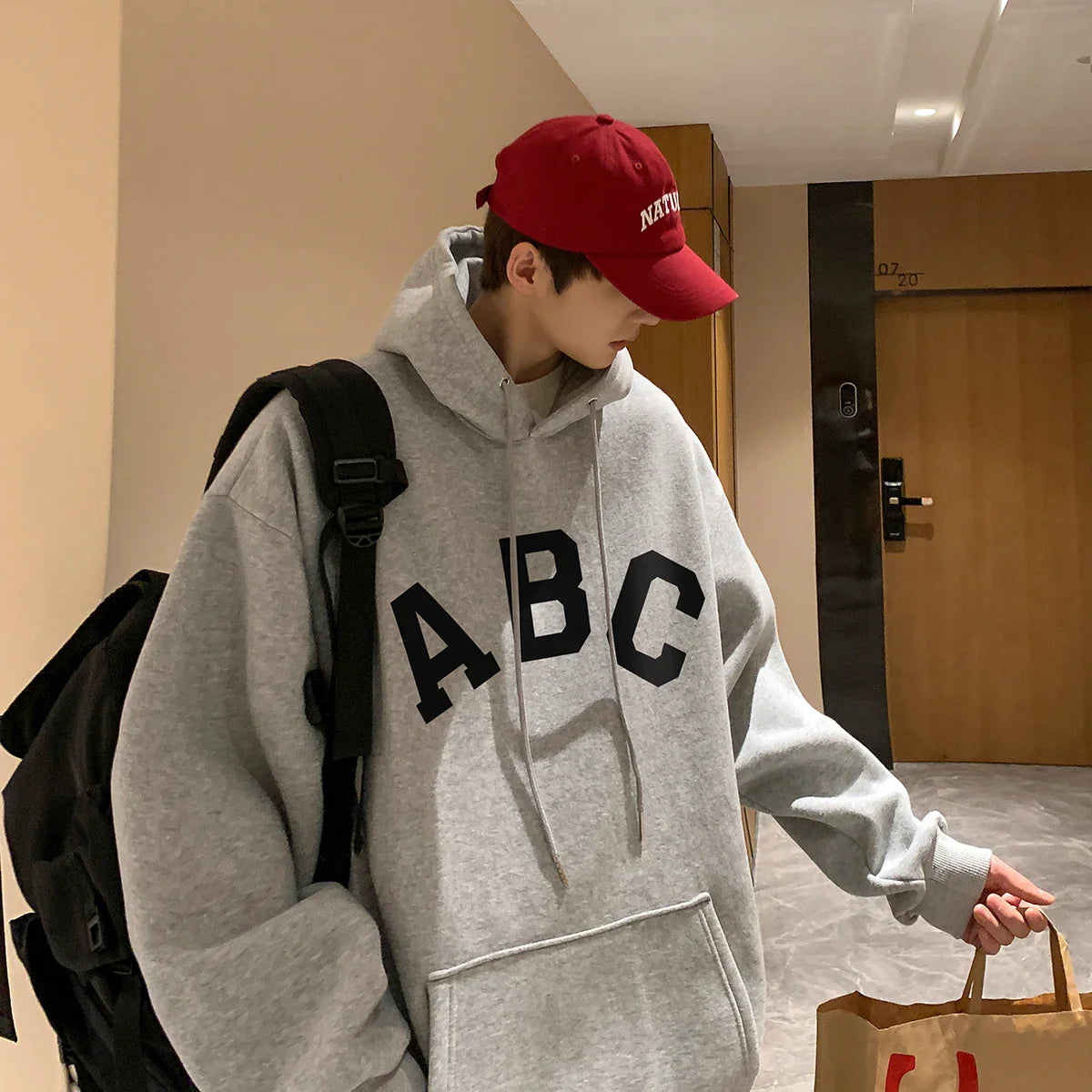 ABC Letter Print Men's Hoodies Korean Fashion Harajuku Oversized Pullover Hip Hop Long Sleeve Hooded Sweatshirts Streetwear