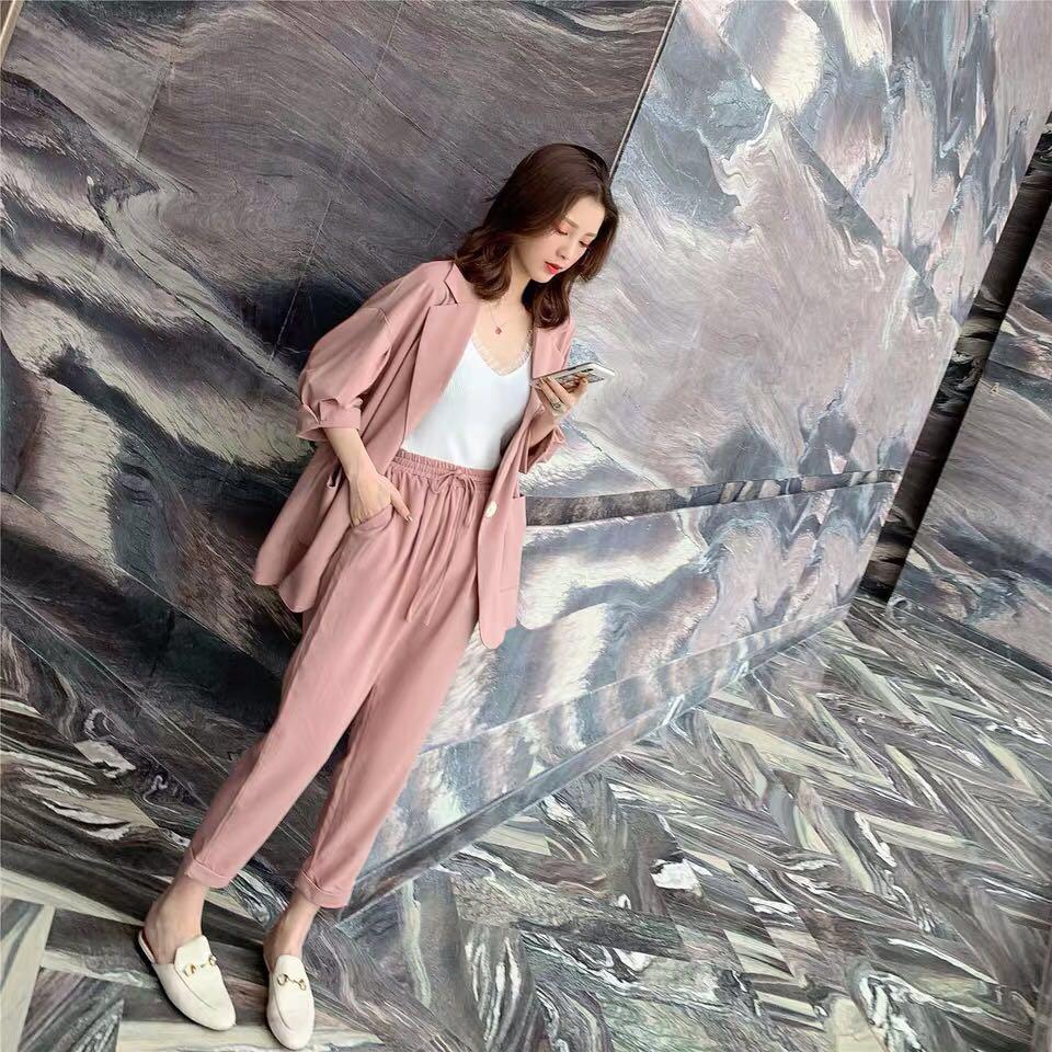 jinran Korean Style New Pink Elegant Women's Pants Suit Fashion Loose Jacket Trousers Two-piece Set Female Office Blazer Tracksuit