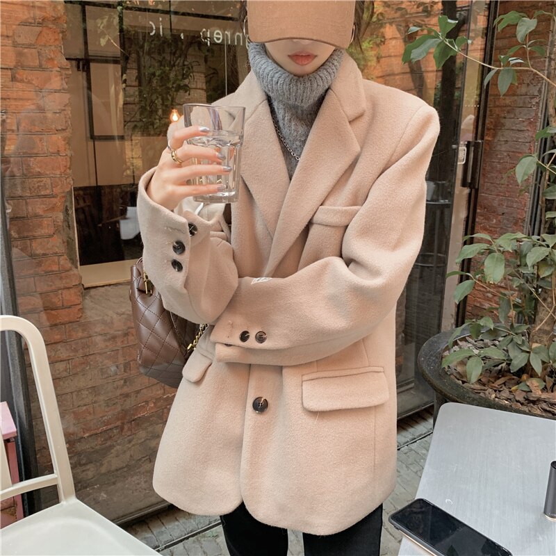 jinran Autumn Warm Wool Tailored Coats Women Loose Apricot Solid Suit Jackets Patchwork Long Sleeves Outwear Korean Fashion New