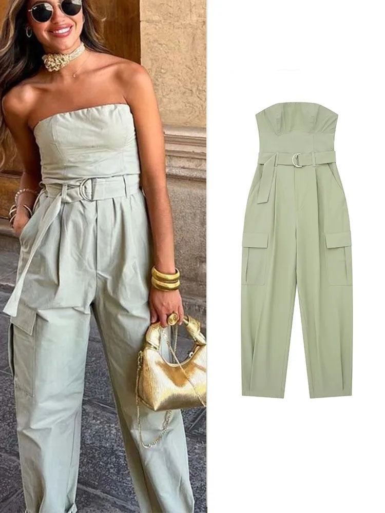 jinran 2023 Women Summer Strapless Jumpsuits With Belt Causal Solid Sleeveless Wrapped Chest Fashion Jumpsuit Full Cargo Pants