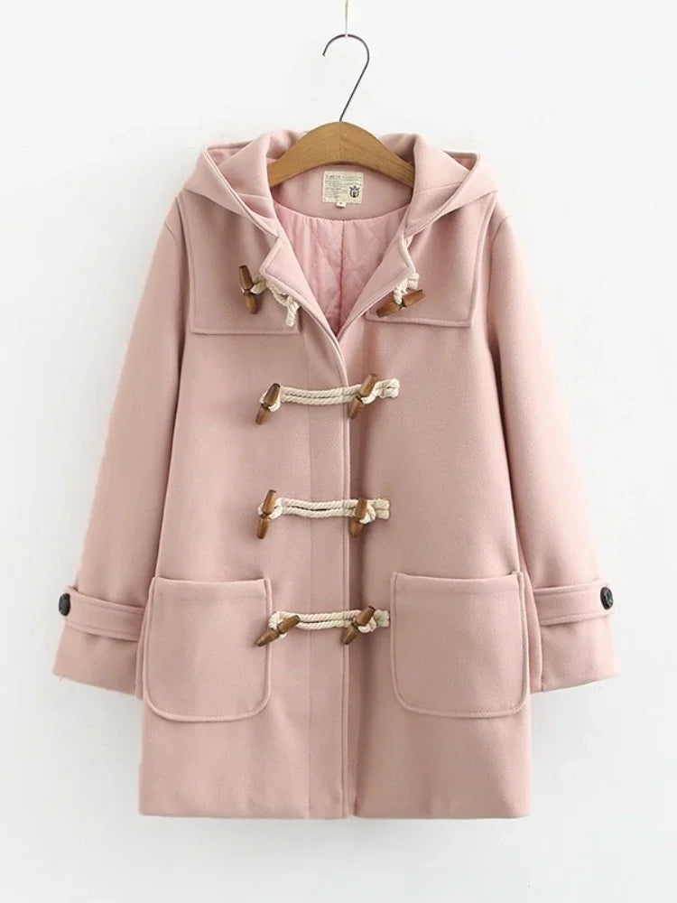 nvxiot  -  Winter Women Wool Blends Coat Straight Long Hooded Coats Jacket  Horn Button  Sleeve Preppy Style Female Warmness Outwears