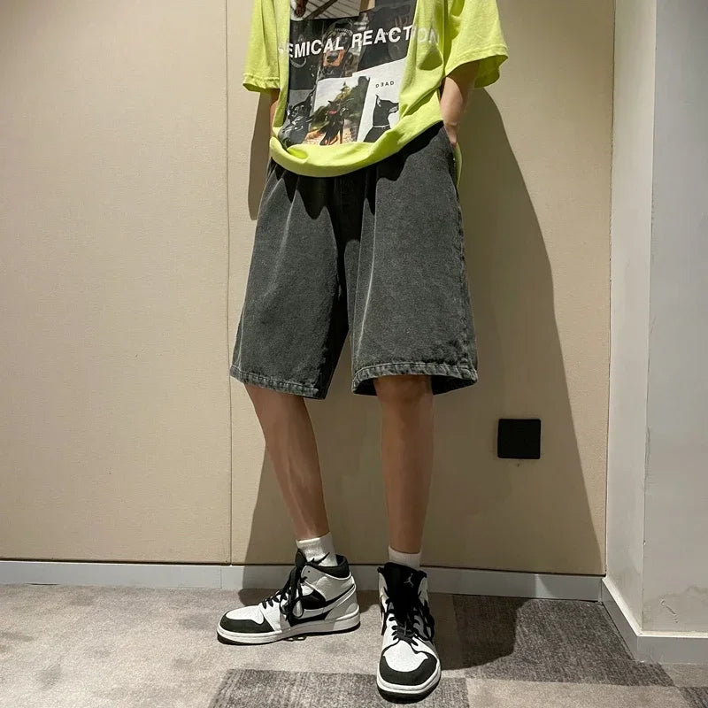 Summer New Men's Loose Denim Shorts Blue Black Fashion Wide Legs Casual Oversized Baggy Beach Short Jeans Male Bermuda