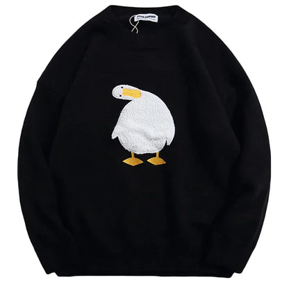 Harajuku Oversized Knitwear Sweater Men Cartoon Duck Goose Embroidery Jumpers Japanese Fashion O-Neck Streetwear Couple Unisex