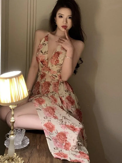 jinran Summer Sexy Beach Style Party Dress Women Korean Casual One Piece Sleeveless Floral Long Dress Lady V-neck Outwear
