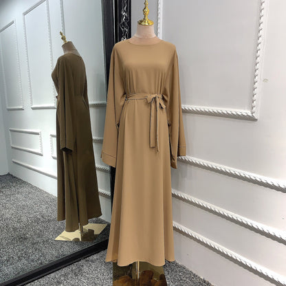 jinran Summer Elegant Solid Color Colorful Temperament Long Skirt Ladies Open Shouder Robe Satin Large Size Belt Muslim Woman Abaya