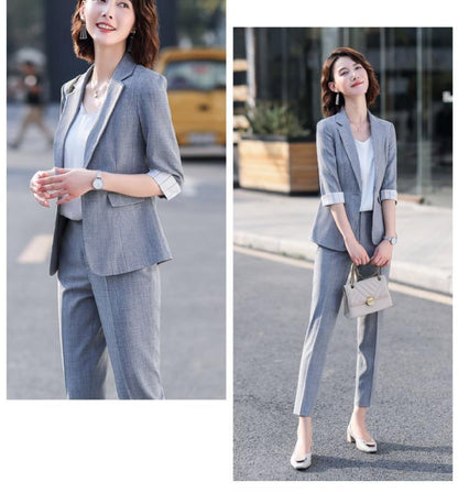 jinran Women's Summer Blazers Pants 2 Piece Set Korean Office Lady Graceful Three Quarter Suit Coat Pencil Trousers Outfits Pink Jacket