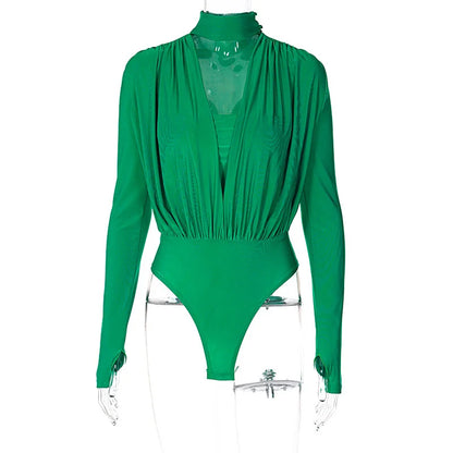 jinran Deep V Neck Full Sleeve Sexy Bodysuit Women Rompers Winter New Skinny Party Pleated Bodysuits Ladies T-shirt Clubwear
