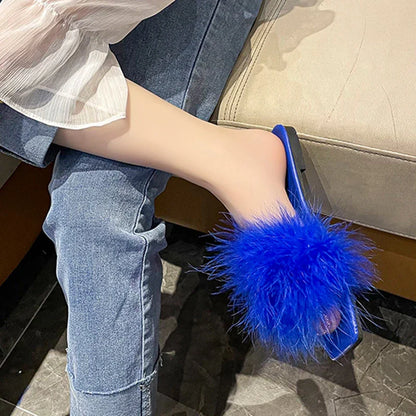 jinran Blue Summer Flat Fur Slipper Women 2024 Soft Bottom Non Slip Slides Shoes Woman Fashion Square Toe Fluffy Slippers