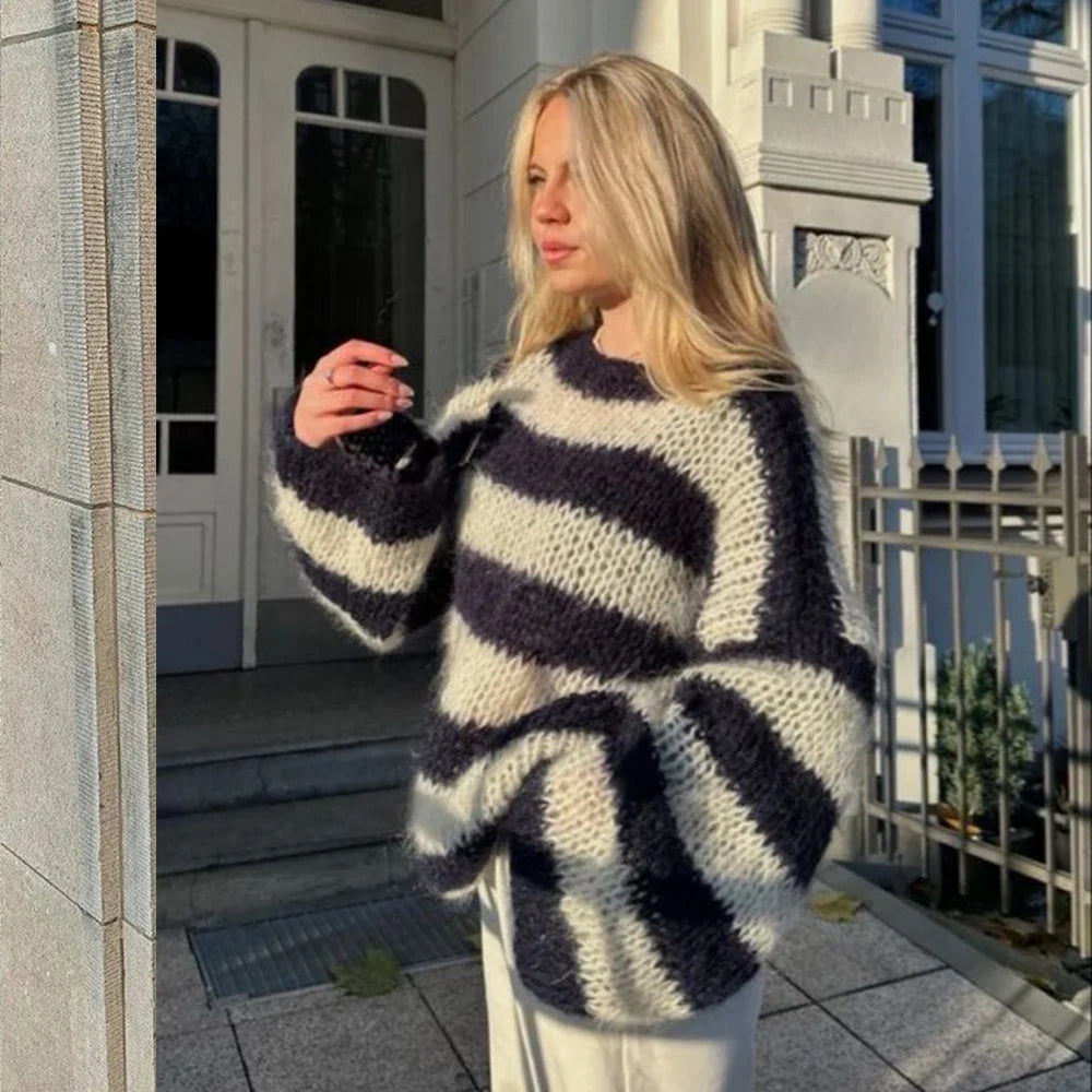 jinran Mohair Stripe Knit O-neck Women's Pullovers Lantern Sleeve Oversized Loose Sweater 2024 Autumn Casual Office outerwears