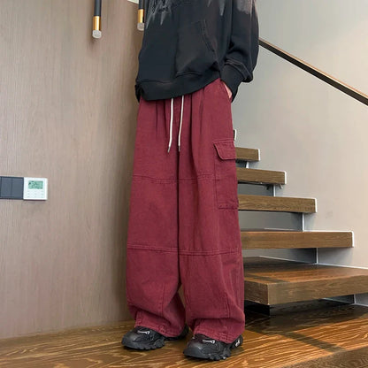 Men's Patchwork Cargo Jeans Oversized Wide Leg Trousers Men Muti-pockets Hip Hop Streetwear 90s Vintage Fashion Tooling Pants