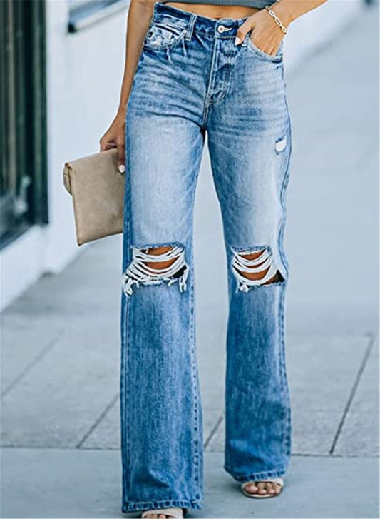 jinran High Waist New Retro Ripped Wide Leg Pants Straight Leg Jeans Hollow-out Flared Pants Loose Casual Women's Street Pants