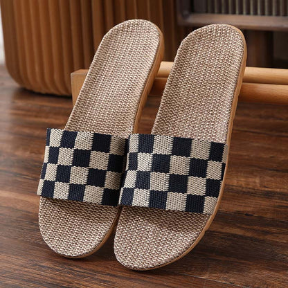 jinran New Checkerboard Linen Slippers Women 2022 Summer Indoor Home Shoes Household Non-slip Couple Four Seasons Men's Sandals Y