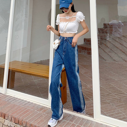 jinran 2022 New Spring Autumn Ins Street Hip-hop Wash Jeans Pants Loose Casual Denim Wide Leg Pants Tide Woman Side Stirp Jeans S-5XL