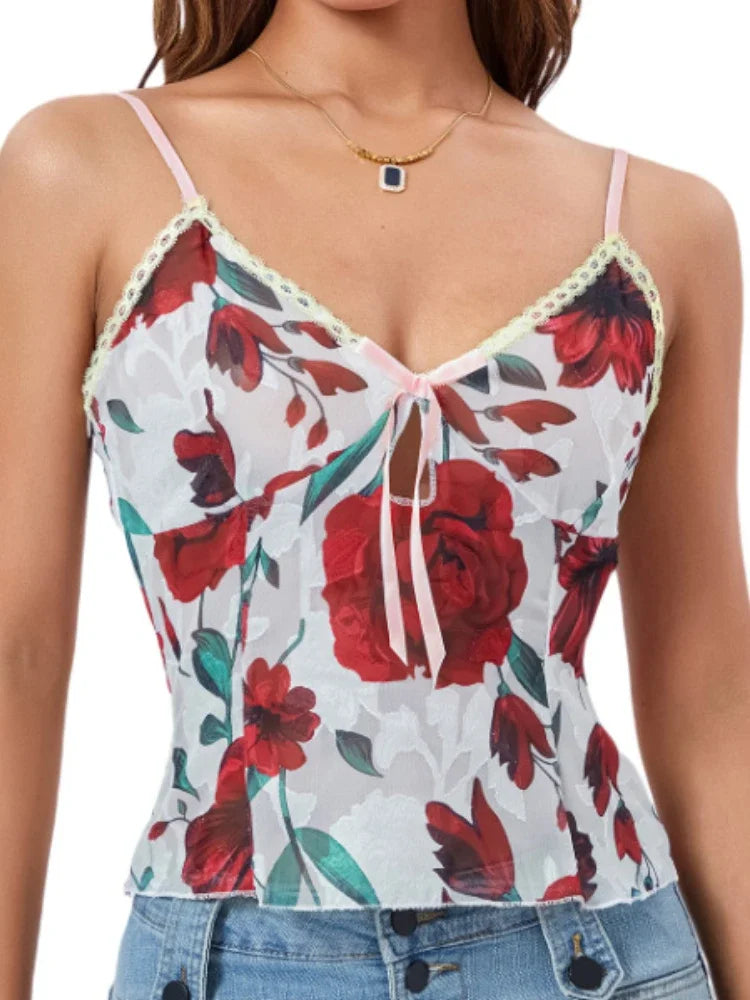 Valentine's Day Suspender Thin Female Clothing Printed Sleeveless Top Hollow Out Floral Lace Sexy Girl Vest Spring Summer Party