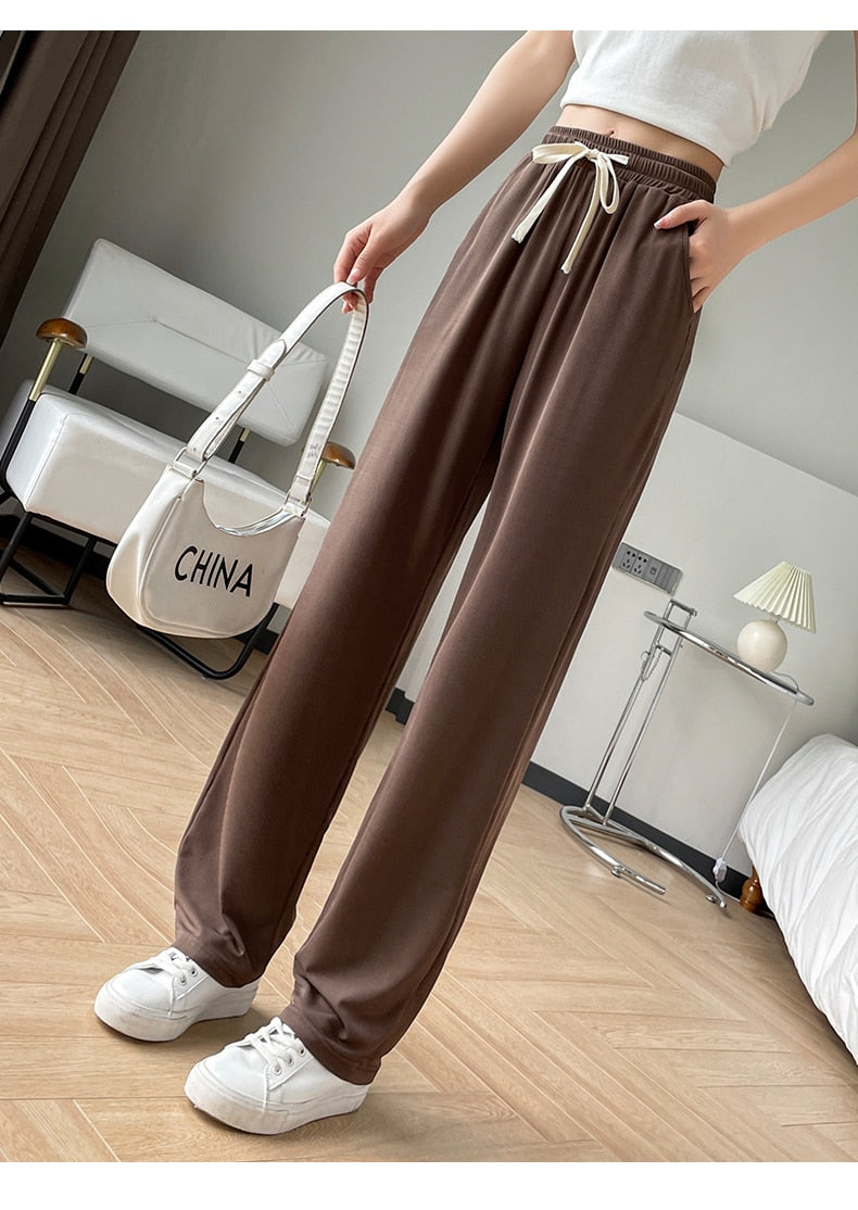 jinran Girls' New Summer Slim Ice Silk Quick Drying Wide Leg Pants Women'S Fashion Trend Versatile Anti Mosquito Straight Trousers