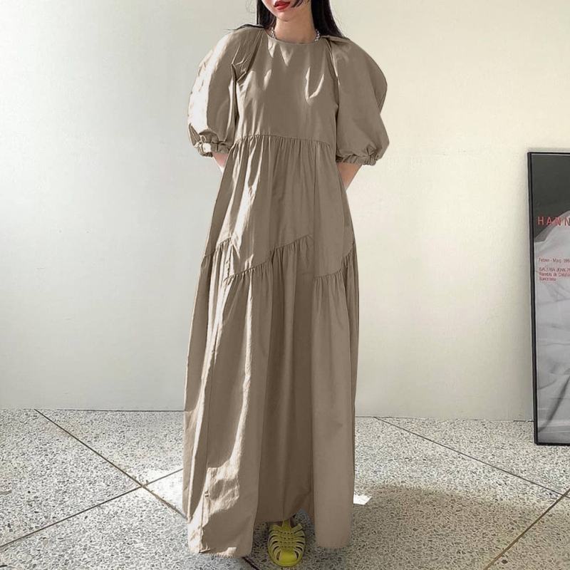 jinran 2022 Summer Half Puff Sleeve Sundress Women Casual O Neck Smocking Vestidos ZANZEA Vintage Loose Solid Kaftan Oversize Club Robe