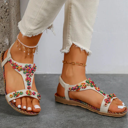 jinran Beaded Flowers Flat Heeled Sandals Women Summer 2023 Plus Size Open Toe Bohemian Sandals Woman Elastic Strap Rome Shoes