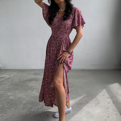 jinran Summer Floral Split Dresses Women Sexy V Neck Beam Waist Single-breasted Long Dress Female Elegant Loose Pink Dress