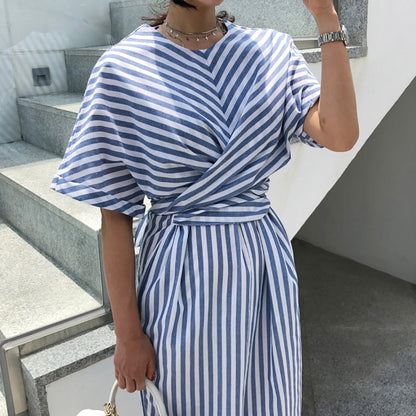 Women Summer Cotton Blue Striped Bandage Split Long Dress Long Dress Summer Elegant Casual Maxi Dress Summer Holiday Sundress