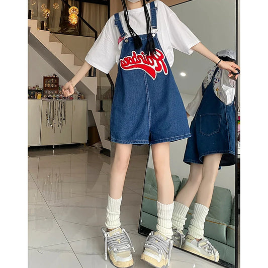 jinran Women Streetwear Kawaii Denim Shorts Overalls Lady Fashion Embroidery Oversize Wide Leg Jeans Female Y2k Clothes Deep Blue Pants