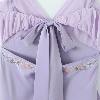 jinran Summer Elegant A Line Embroidery Dress Lilac V Neck Spaghetti Strap Chiffon Holiday Party Dress Lace Up Women Dress