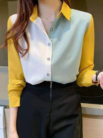 jinran Korean Fashion Hit Color Patchwork Loose Blouse Elegant Chiffon Tops Office Lady Spring Summer Chic Button Up Shirts Tunics