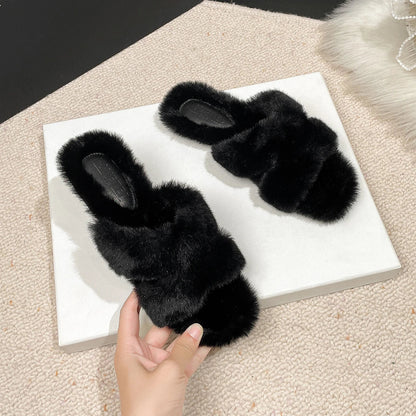 jinran 2024 Winter New Women's Plush Slippers Fashionable Design Flip-flops Black Mules Ladies' Casual Flat Shoes White Work Shoes