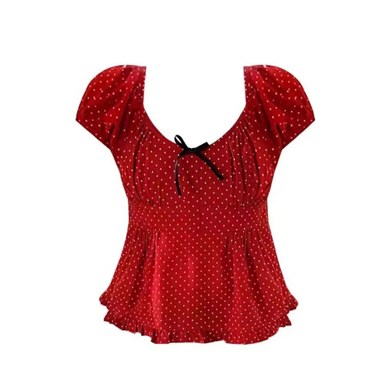 jinran Women Sweet Red Polka Dot Bow Top Tees French Puff sleeve Slim fit Slimming Cropped T-shirts Vintage Summer New Girls Clothes