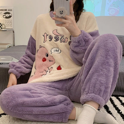 jinran Autumn Winter New Warm Flannel Women's Pajamas Set Long-sleeved Trousers Two-piece Set Cute Soft Home Wear Clothes for Women