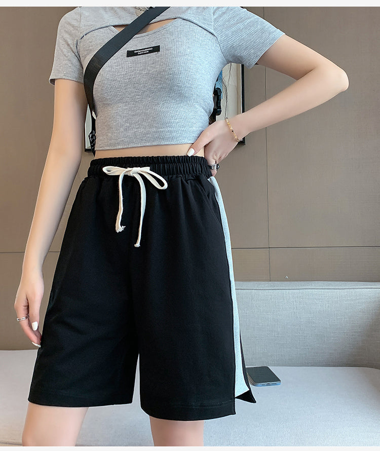 jinran  High Street Women's Shorts Summer Casual Sports Pants Black Light Gray Striped Patchwork Loose Half Pants Woman M-XXL