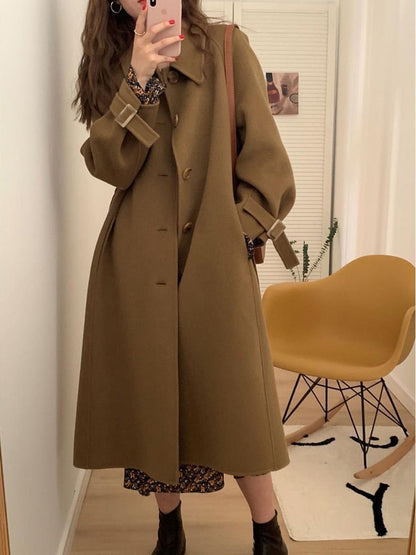 jinran Autumn and Winter New Long Knee Length Woolen Black Coat Woolen Coat Womens Winter Clothing Coats and Jackets Women