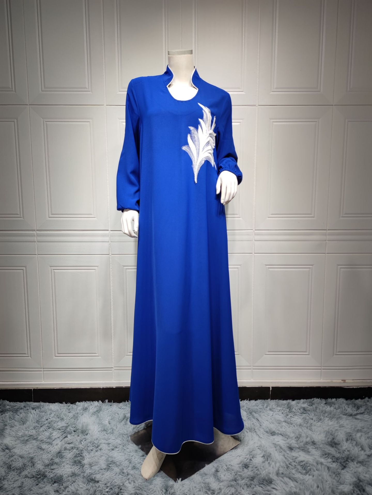 jinran Casual New Style Round Neck Fine Plain Color Polyester Muslim Southeast Asian Women's Chest Applique Dress Ab173