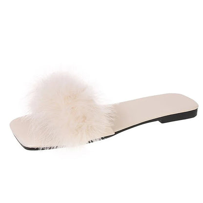 jinran Blue Summer Flat Fur Slipper Women 2024 Soft Bottom Non Slip Slides Shoes Woman Fashion Square Toe Fluffy Slippers