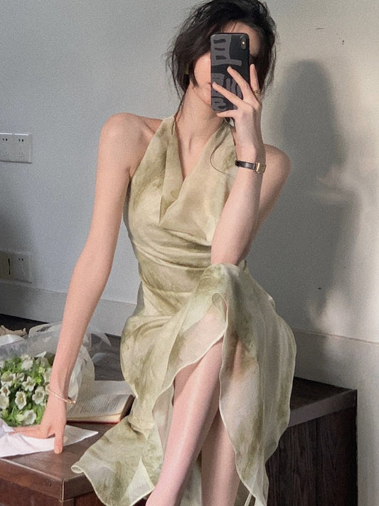 jinran Vintage Sexy Sleeveless Neck-mounted Party Maxi Dresses for Women Halter Spaghetti Strap Folds Midi Dress Elegant Fashion Summer