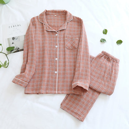 jinran New Spring And Autumn Pure Cotton Crepe Cloth Couple Soft Men Long-Sleeve Simple Home Service Women Two Piece Set