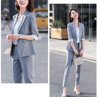 jinran Women's Summer Blazers Pants 2 Piece Set Korean Office Lady Graceful Three Quarter Suit Coat Pencil Trousers Outfits Pink Jacket