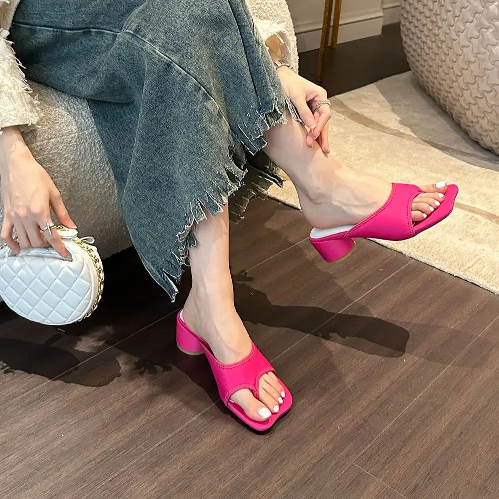 jinran Casual Women Slippers New Arrivals Round Mid Heels Black Rose White Summer Outside Party Pumps Dress Shoes Woman 35-39