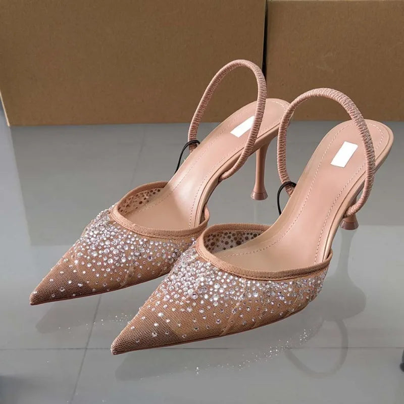 jinran 2024 Summer New Women's Sandals Water Diamond Bright Mesh High Heels Footwear Elegant Slingback Pointed Slip on Party Lady Shoes