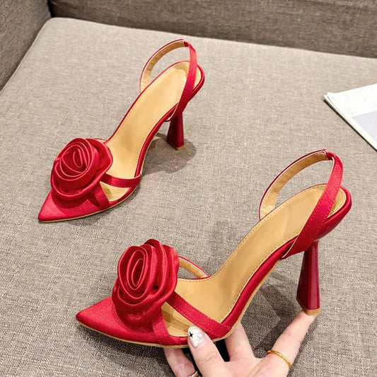 jinran Summer Fashion Silk Rose Flowers Pointed Open Toe Back Strap Sandals Women Red High Heels Wedding Prom Shoes Zapatos Mujer