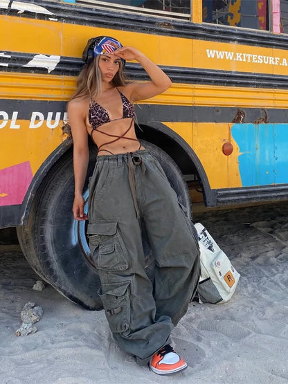 jinran Women's High Waisted Cargo Pants Travel Y2K Streetwear Baggy Stretchy Pants with 6 Pockets Drawstring Ankle Cuffs